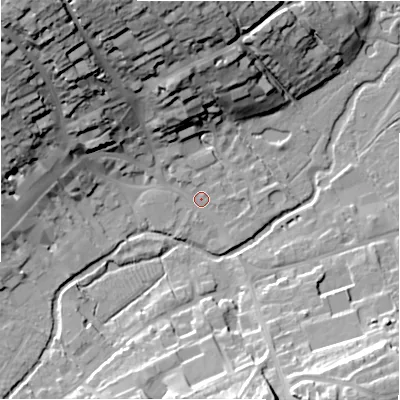 Shaded relief map of the ground around SN81PH, computed from Environment Agency LiDAR. The ground here sits at about 126 m above sea level and falls 39 m across the surrounding 800 m. Surface water reaching this point runs off ground lying to the north-west, 6.8 m higher.