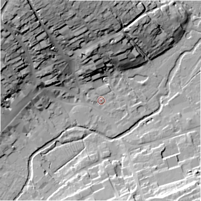 Shaded relief map of the ground around SN81PJ, computed from Environment Agency LiDAR. The ground here sits at about 127 m above sea level and falls 41 m across the surrounding 800 m. Surface water reaching this point runs off ground lying to the west-north-west, 6.8 m higher.