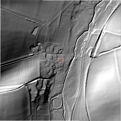 Shaded relief map of the ground around SN81RY, computed from Environment Agency LiDAR. The ground here sits at about 132 m above sea level and falls 53 m across the surrounding 800 m. Surface water reaching this point runs off ground lying to the west, 3.5 m higher.