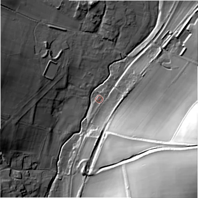 Shaded relief map of the ground around SN81RZ, computed from Environment Agency LiDAR. The ground here sits at about 133 m above sea level and falls 72 m across the surrounding 800 m. Surface water reaching this point runs off ground lying to the east, 5.2 m higher.