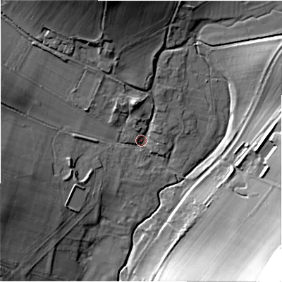 Shaded relief map of the ground around SN81SB, computed from Environment Agency LiDAR. The ground here sits at about 133 m above sea level and falls 48 m across the surrounding 800 m. Surface water reaching this point runs off ground lying to the north-north-west, 19.9 m higher.