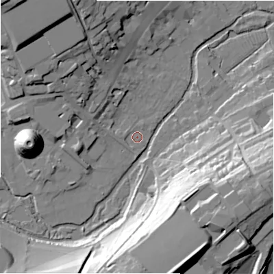 Shaded relief map of the ground around SN81XG, computed from Environment Agency LiDAR. The ground here sits at about 128 m above sea level and falls 41 m across the surrounding 800 m. Surface water reaching this point runs off ground lying to the west, 2.1 m higher.