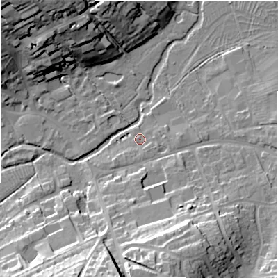 Shaded relief map of the ground around SN82AG, computed from Environment Agency LiDAR. The ground here sits at about 127 m above sea level and falls 30 m across the surrounding 800 m. Surface water reaching this point runs off ground lying to the south-south-east, 21.3 m higher.