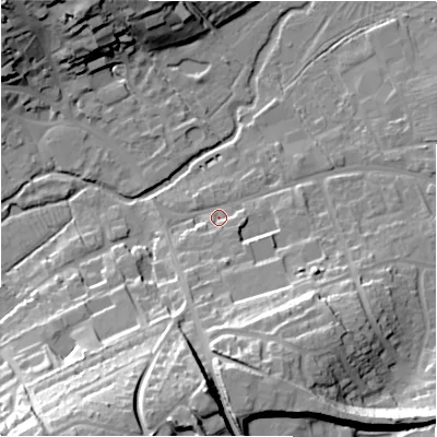 Shaded relief map of the ground around SN82AP, computed from Environment Agency LiDAR. The ground here sits at about 128 m above sea level and falls 33 m across the surrounding 800 m. Surface water reaching this point runs off ground lying to the south-south-east, 16.6 m higher.