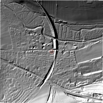 Shaded relief map of the ground around SN82AZ, computed from Environment Agency LiDAR. The ground here sits at about 132 m above sea level and falls 68 m across the surrounding 800 m. Surface water reaching this point runs off ground lying to the south, 44.8 m higher.