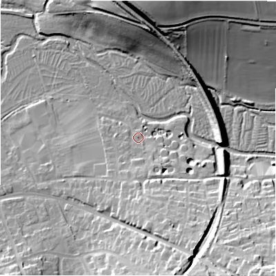Shaded relief map of the ground around SN82BE, computed from Environment Agency LiDAR. The ground here sits at about 127 m above sea level and falls 31 m across the surrounding 800 m. Surface water reaching this point runs off ground lying to the south-south-east, 15.2 m higher.