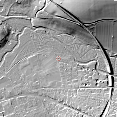 Shaded relief map of the ground around SN82BN, computed from Environment Agency LiDAR. The ground here sits at about 125 m above sea level and falls 35 m across the surrounding 800 m. Surface water reaching this point runs off ground lying to the south-south-east, 12.6 m higher.