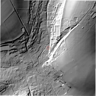 Shaded relief map of the ground around SN82DL, computed from Environment Agency LiDAR. The ground here sits at about 128 m above sea level and falls 52 m across the surrounding 800 m. Surface water reaching this point runs off ground lying to the north-west, 50.0 m higher.