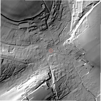 Shaded relief map of the ground around SN82DU, computed from Environment Agency LiDAR. The ground here sits at about 127 m above sea level and falls 42 m across the surrounding 800 m. Surface water reaching this point runs off ground lying to the north-north-west, 40.6 m higher.