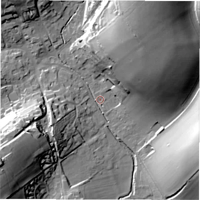 Shaded relief map of the ground around SN82DW, computed from Environment Agency LiDAR. The ground here sits at about 126 m above sea level and falls 37 m across the surrounding 800 m. Surface water reaching this point runs off ground lying to the north-north-east, 34.0 m higher.
