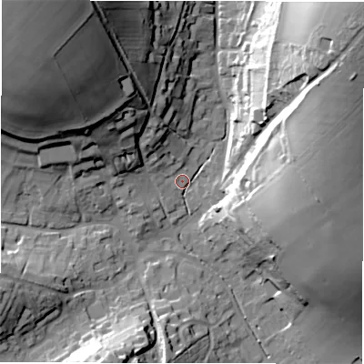 Shaded relief map of the ground around SN82DX, computed from Environment Agency LiDAR. The ground here sits at about 128 m above sea level and falls 51 m across the surrounding 800 m. Surface water reaching this point runs off ground lying to the north-west, 48.5 m higher.