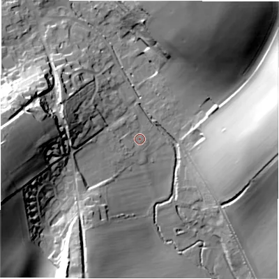 Shaded relief map of the ground around SN82DY, computed from Environment Agency LiDAR. The ground here sits at about 126 m above sea level and falls 34 m across the surrounding 800 m. Surface water reaching this point runs off ground lying to the west, 30.1 m higher.