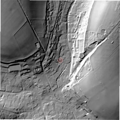Shaded relief map of the ground around SN82DZ, computed from Environment Agency LiDAR. The ground here sits at about 130 m above sea level and falls 55 m across the surrounding 800 m. Surface water reaching this point runs off ground lying to the north-west, 51.1 m higher.