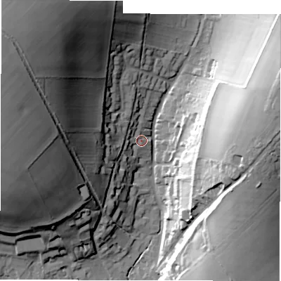 Shaded relief map of the ground around SN82EB, computed from Environment Agency LiDAR. The ground here sits at about 132 m above sea level and falls 56 m across the surrounding 800 m. Surface water reaching this point runs off ground lying to the west-north-west, 50.0 m higher.