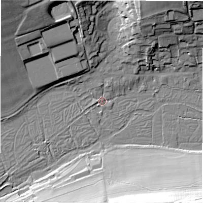 Shaded relief map of the ground around SN82RE, computed from Environment Agency LiDAR. The ground here sits at about 111 m above sea level and falls 37 m across the surrounding 800 m. Surface water reaching this point runs off ground lying to the north-north-west, 13.2 m higher.