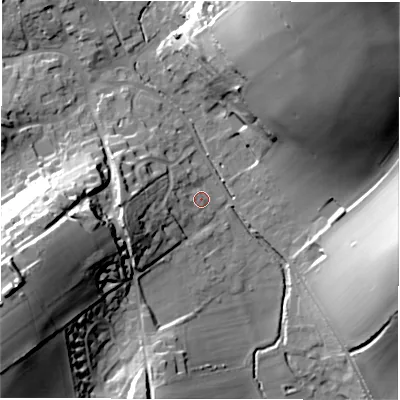 Shaded relief map of the ground around SN82SL, computed from Environment Agency LiDAR. The ground here sits at about 128 m above sea level and falls 38 m across the surrounding 800 m. Surface water reaching this point runs off ground lying to the west, 4.4 m higher.