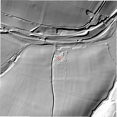 Shaded relief map of the ground around SN83DN, computed from Environment Agency LiDAR. The ground here sits at about 132 m above sea level and falls 30 m across the surrounding 800 m. Surface water reaching this point runs off ground lying to the south, 14.5 m higher.