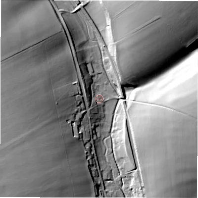 Shaded relief map of the ground around SN83DY, computed from Environment Agency LiDAR. The ground here sits at about 132 m above sea level and falls 35 m across the surrounding 800 m. Surface water reaching this point runs off ground lying to the west, 29.3 m higher.