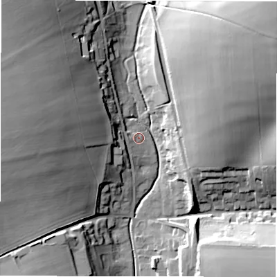 Shaded relief map of the ground around SN83DZ, computed from Environment Agency LiDAR. The ground here sits at about 130 m above sea level and falls 37 m across the surrounding 800 m. Surface water reaching this point runs off ground lying to the west-north-west, 28.4 m higher.