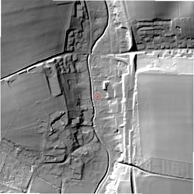 Shaded relief map of the ground around SN83EQ, computed from Environment Agency LiDAR. The ground here sits at about 127 m above sea level and falls 31 m across the surrounding 800 m. Surface water reaching this point runs off ground lying to the north-west, 30.9 m higher.
