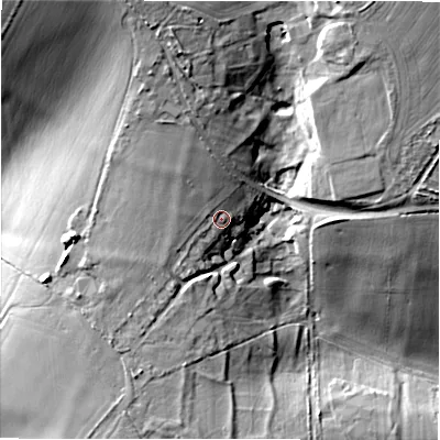 Shaded relief map of the ground around SN83EY, computed from Environment Agency LiDAR. The ground here sits at about 162 m above sea level and falls 29 m across the surrounding 800 m. Surface water reaching this point runs off ground lying to the north-north-west, 6.1 m higher.
