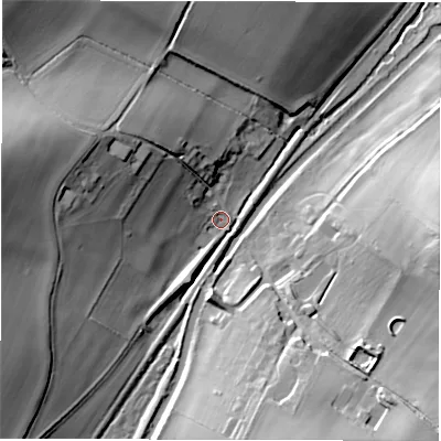 Shaded relief map of the ground around SN83JG, computed from Environment Agency LiDAR. The ground here sits at about 112 m above sea level and falls 29 m across the surrounding 800 m. Surface water reaching this point runs off ground lying to the west-north-west, 27.5 m higher.