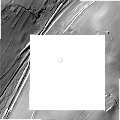 Shaded relief map of the ground around SN83JP, computed from Environment Agency LiDAR. and falls 30 m across the surrounding 800 m.