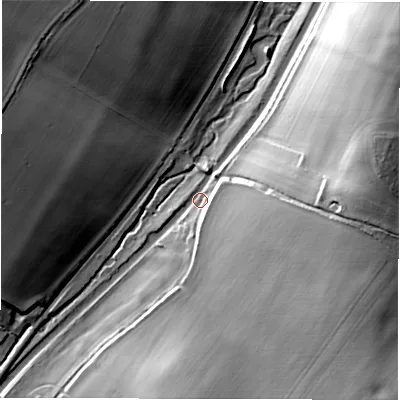 Shaded relief map of the ground around SN83JS, computed from Environment Agency LiDAR. The ground here sits at about 111 m above sea level and falls 30 m across the surrounding 800 m. Surface water reaching this point runs off ground lying to the east-south-east, 25.8 m higher.