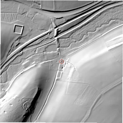 Shaded relief map of the ground around SN83JU, computed from Environment Agency LiDAR. The ground here sits at about 106 m above sea level and falls 33 m across the surrounding 800 m. Surface water reaching this point runs off ground lying to the south-east, 31.1 m higher.