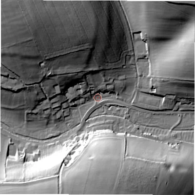 Shaded relief map of the ground around SN83JY, computed from Environment Agency LiDAR. The ground here sits at about 109 m above sea level and falls 44 m across the surrounding 800 m. Surface water reaching this point runs off ground lying to the north-west, 41.3 m higher.