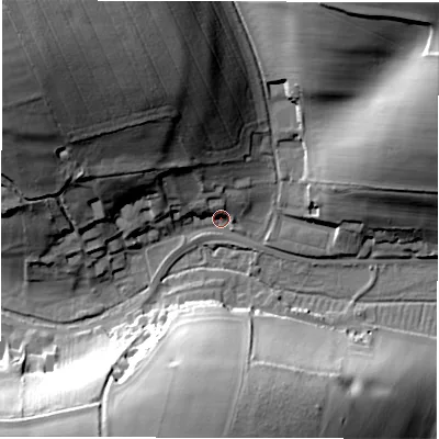 Shaded relief map of the ground around SN83LB, computed from Environment Agency LiDAR. The ground here sits at about 109 m above sea level and falls 44 m across the surrounding 800 m. Surface water reaching this point runs off ground lying to the north-west, 41.5 m higher.