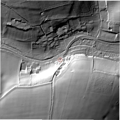 Shaded relief map of the ground around SN83LD, computed from Environment Agency LiDAR. The ground here sits at about 110 m above sea level and falls 37 m across the surrounding 800 m. Surface water reaching this point runs off ground lying to the south-south-east, 7.7 m higher.