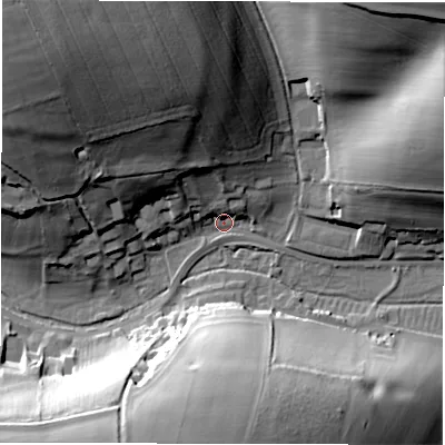Shaded relief map of the ground around SN83LE, computed from Environment Agency LiDAR. The ground here sits at about 109 m above sea level and falls 44 m across the surrounding 800 m. Surface water reaching this point runs off ground lying to the north-west, 41.6 m higher.