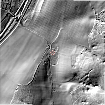 Shaded relief map of the ground around SN83LY, computed from Environment Agency LiDAR. The ground here sits at about 126 m above sea level and falls 37 m across the surrounding 800 m. Surface water reaching this point runs off ground lying to the south-east, 28.6 m higher.