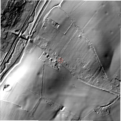 Shaded relief map of the ground around SN83LZ, computed from Environment Agency LiDAR. The ground here sits at about 121 m above sea level and falls 31 m across the surrounding 800 m. Surface water reaching this point runs off ground lying to the south-west, 23.2 m higher.
