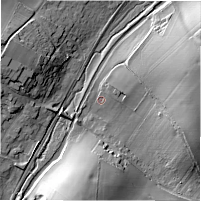 Shaded relief map of the ground around SN83PB, computed from Environment Agency LiDAR. The ground here sits at about 118 m above sea level and falls 27 m across the surrounding 800 m. Surface water reaching this point runs off ground lying to the south, 24.6 m higher.
