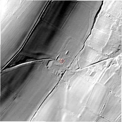 Shaded relief map of the ground around SN83PS, computed from Environment Agency LiDAR. The ground here sits at about 132 m above sea level and falls 51 m across the surrounding 800 m. Surface water reaching this point runs off ground lying to the west-north-west, 42.3 m higher.