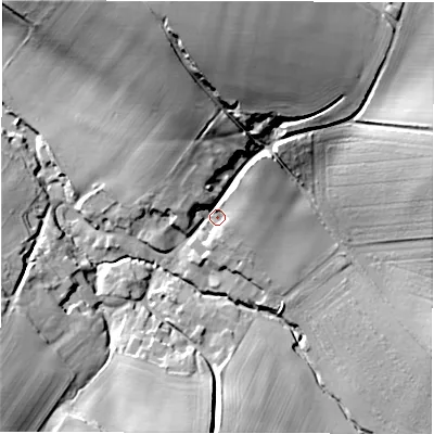 Shaded relief map of the ground around SN83SP, computed from Environment Agency LiDAR. The ground here sits at about 133 m above sea level and falls 42 m across the surrounding 800 m. Surface water reaching this point runs off ground lying to the north, 37.4 m higher.