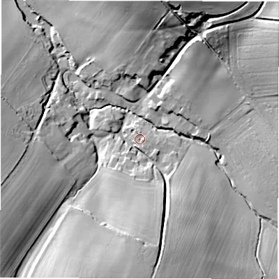 Shaded relief map of the ground around SN83SR, computed from Environment Agency LiDAR. The ground here sits at about 132 m above sea level and falls 31 m across the surrounding 800 m. Surface water reaching this point runs off ground lying to the south-south-east, 2.4 m higher.