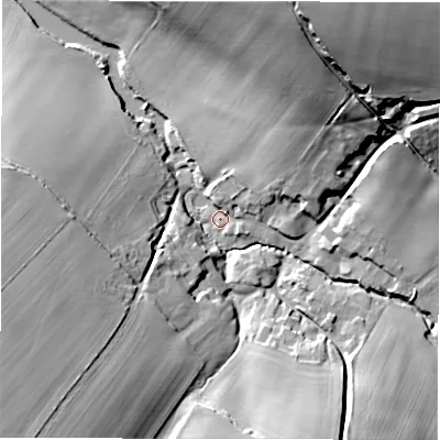 Shaded relief map of the ground around SN83SS, computed from Environment Agency LiDAR. The ground here sits at about 129 m above sea level and falls 41 m across the surrounding 800 m. Surface water reaching this point runs off ground lying to the north-east, 18.4 m higher.