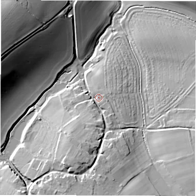 Shaded relief map of the ground around SN83XA, computed from Environment Agency LiDAR. The ground here sits at about 127 m above sea level and falls 43 m across the surrounding 800 m. Surface water reaching this point runs off ground lying to the south-south-west, 11.8 m higher.