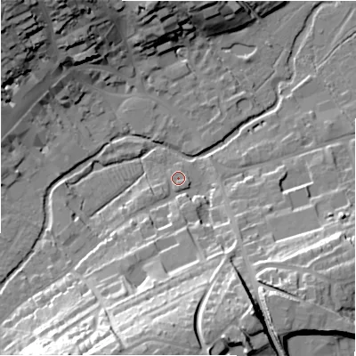 Shaded relief map of the ground around SN84AA, computed from Environment Agency LiDAR. The ground here sits at about 127 m above sea level and falls 33 m across the surrounding 800 m. Surface water reaching this point runs off ground lying to the south, 28.5 m higher.