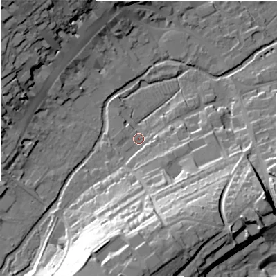 Shaded relief map of the ground around SN84BY, computed from Environment Agency LiDAR. The ground here sits at about 129 m above sea level and falls 37 m across the surrounding 800 m. Surface water reaching this point runs off ground lying to the west, 1.6 m higher.