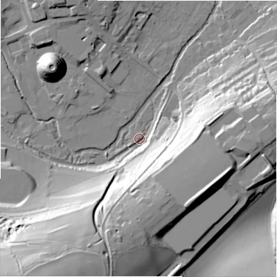 Shaded relief map of the ground around SN84DJ, computed from Environment Agency LiDAR. The ground here sits at about 128 m above sea level and falls 59 m across the surrounding 800 m. Surface water reaching this point runs off ground lying to the south-south-west, 47.6 m higher.