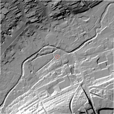 Shaded relief map of the ground around SN84DL, computed from Environment Agency LiDAR. The ground here sits at about 126 m above sea level and falls 33 m across the surrounding 800 m. Surface water reaching this point runs off ground lying to the south, 29.8 m higher.