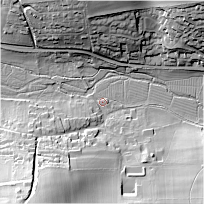 Shaded relief map of the ground around SN84HR, computed from Environment Agency LiDAR. The ground here sits at about 130 m above sea level and falls 43 m across the surrounding 800 m. Surface water reaching this point runs off ground lying to the south-south-west, 39.3 m higher.
