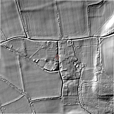 Shaded relief map of the ground around SN84JU, computed from Environment Agency LiDAR. The ground here sits at about 134 m above sea level and falls 14 m across the surrounding 800 m. Surface water reaching this point runs off ground lying to the north-west, 8.3 m higher.