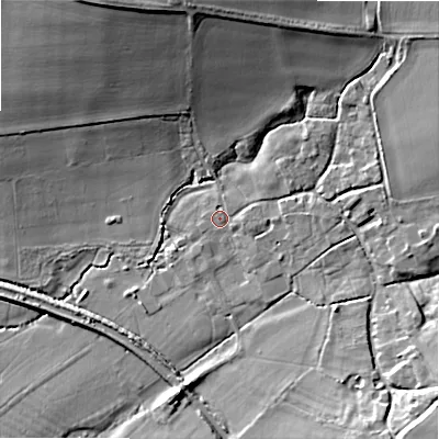 Shaded relief map of the ground around SN84LJ, computed from Environment Agency LiDAR. The ground here sits at about 130 m above sea level and falls 22 m across the surrounding 800 m. Surface water reaching this point runs off ground lying to the east-north-east, 6.7 m higher.