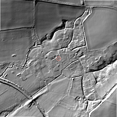 Shaded relief map of the ground around SN84LL, computed from Environment Agency LiDAR. The ground here sits at about 130 m above sea level and falls 22 m across the surrounding 800 m. Surface water reaching this point runs off ground lying to the east-north-east, 1.8 m higher.