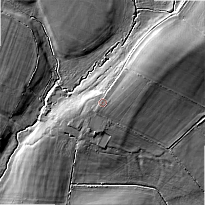 Shaded relief map of the ground around SN84LT, computed from Environment Agency LiDAR. The ground here sits at about 115 m above sea level and falls 12 m across the surrounding 800 m. Surface water reaching this point runs off ground lying to the east-south-east, 0.7 m higher.